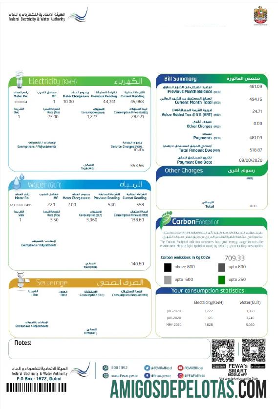 realista AUTORIDADE FEDERAL DE ELETRICIDADE E ÁGUA DOS EAU DUBAI Palavra e modelo de projeto de lei de serviços públicos em PDF